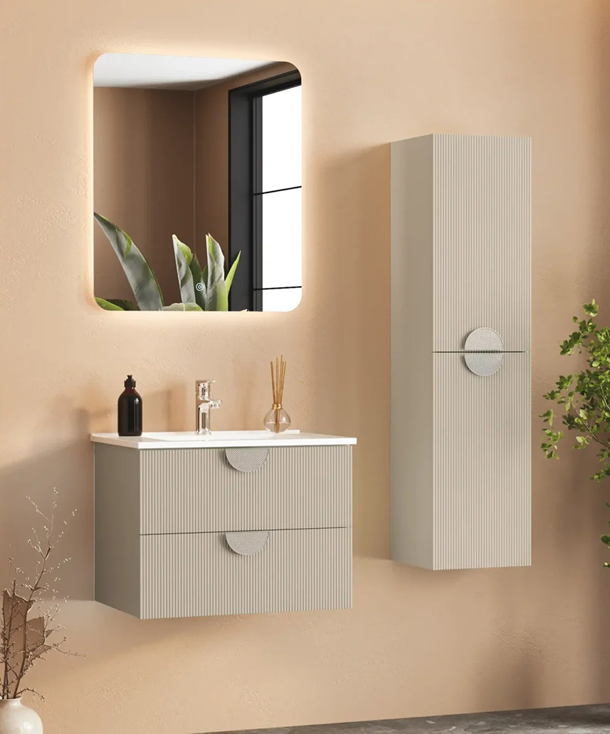 Mat lake yüzeyli,  Seramik lavabolu banyo dolabı Gloria 60